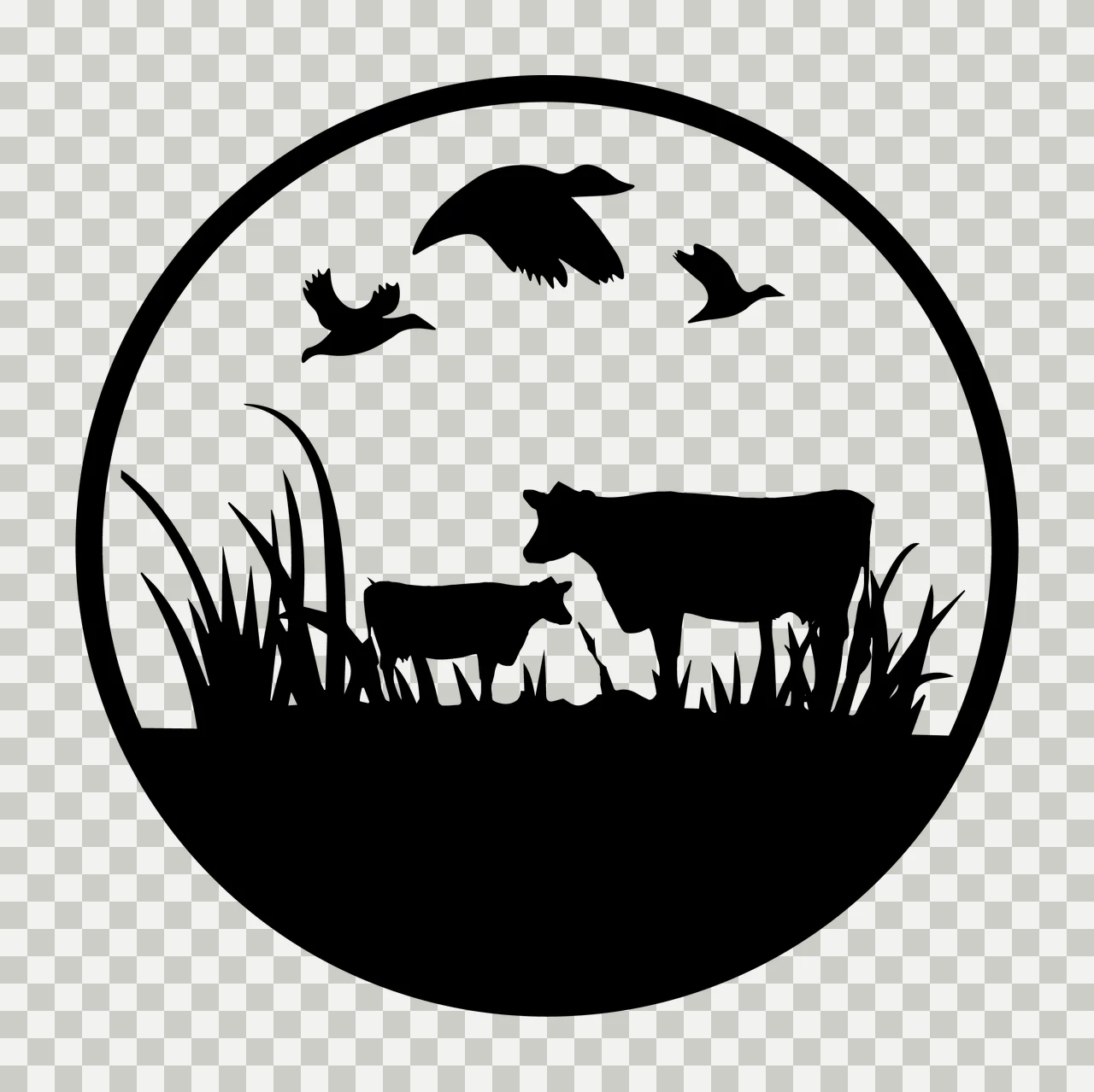 Cow Cows And Ducks In A Field standing calf grass silhouette transparency and detail preview thumbnail