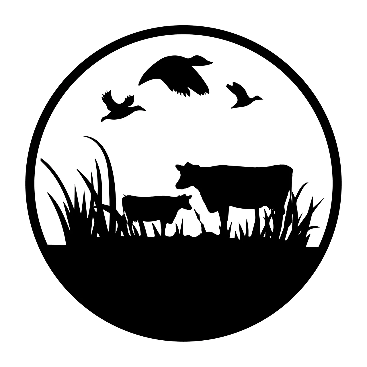 Cow Cows And Ducks In A Field standing calf grass silhouette