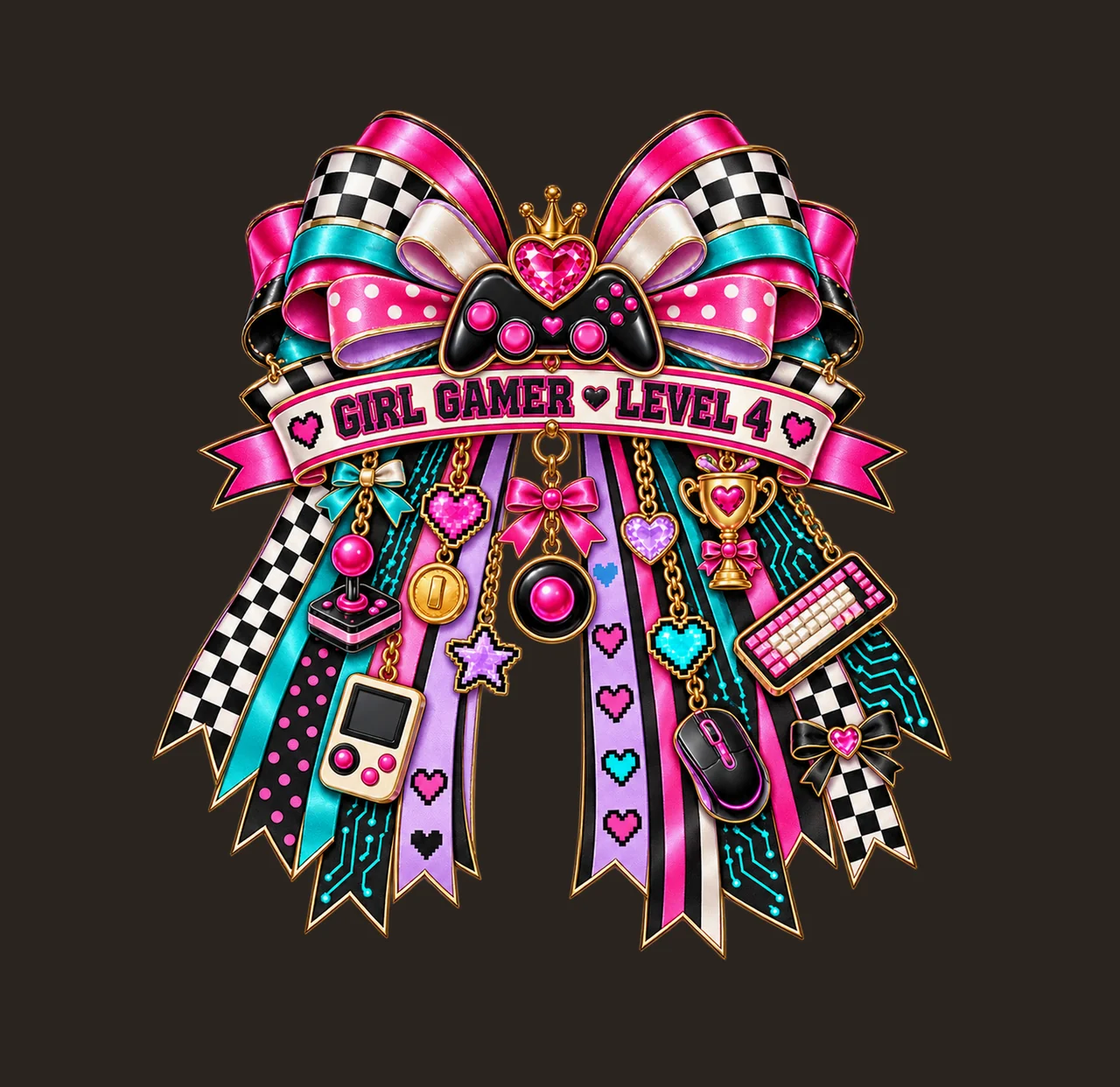 Girl Gamer Level 4 Bow Charm PNG, Patterned Coquette Bow Clipart, Transparent Sublimation Digital Download contrast preview thumbnail