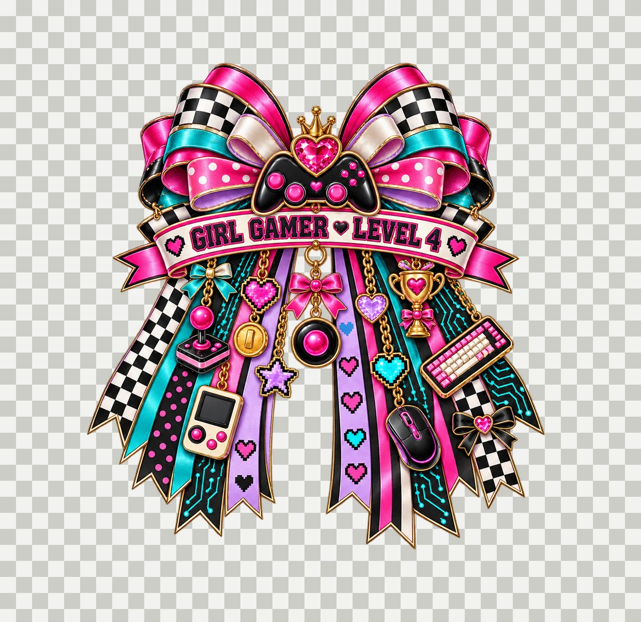 Girl Gamer Level 4 Bow Charm PNG, Patterned Coquette Bow Clipart, Transparent Sublimation Digital Download transparency and detail preview thumbnail