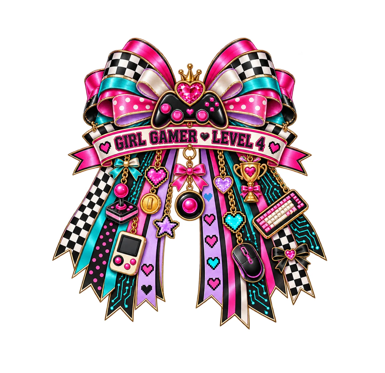 Girl Gamer Level 4 Bow Charm PNG, Patterned Coquette Bow Clipart, Transparent Sublimation Digital Download
