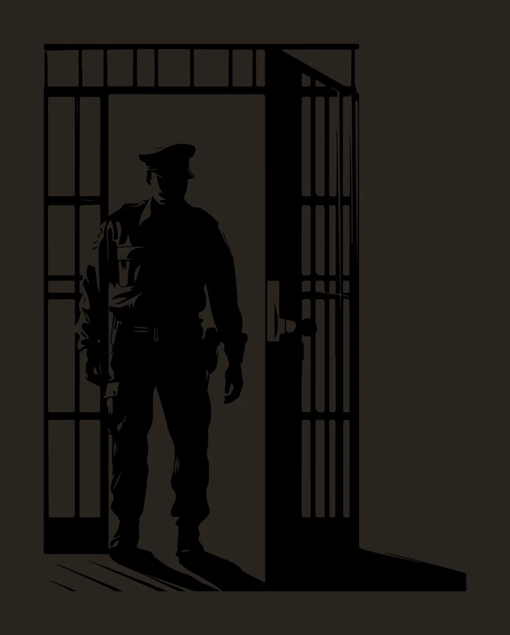 Officer Standing Behind Iron Bars Doorway uniform silhouette contrast preview thumbnail