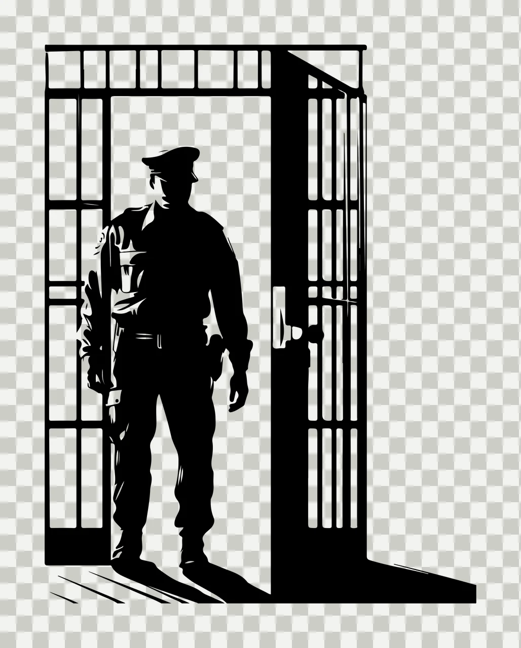 Officer Standing Behind Iron Bars Doorway uniform silhouette transparency and detail preview thumbnail