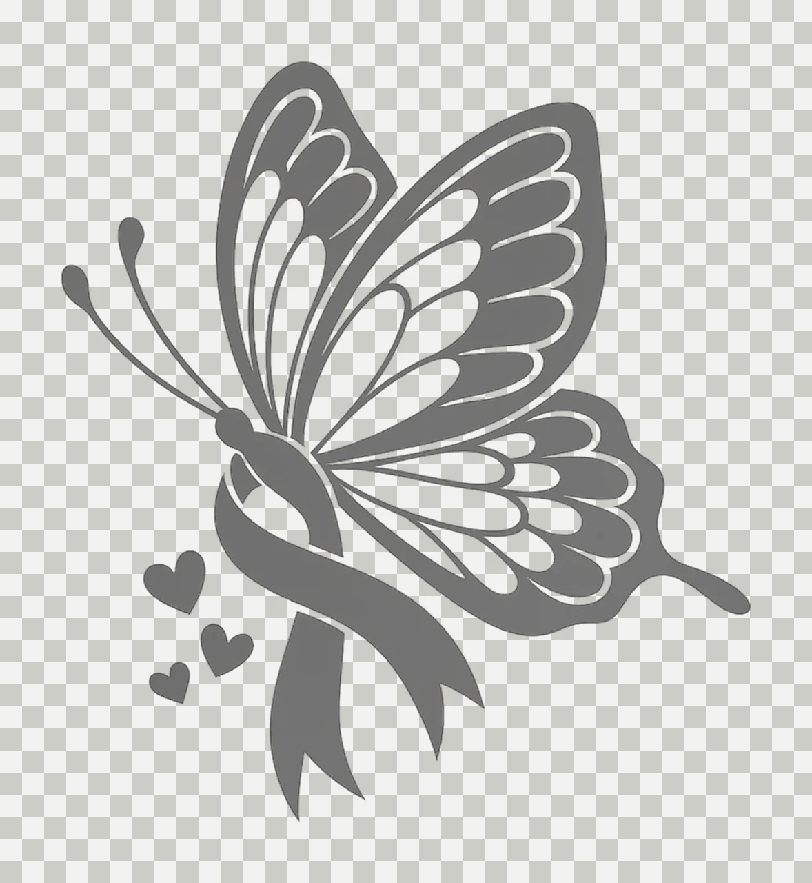 Butterfly Flying With Ribbon And Hearts In Gray minimalist transparency and detail preview thumbnail