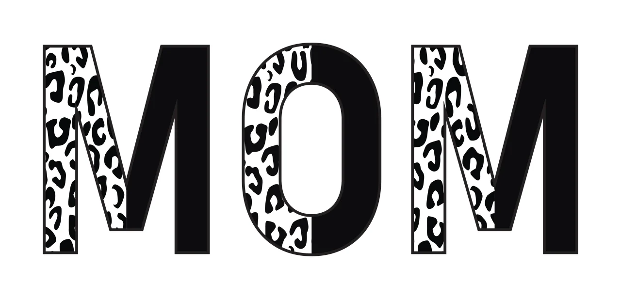 MOM Typography Design with monochrome leopard print, split letters, block typography and animal pattern in black and white