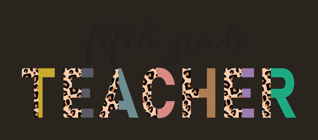 Fifth grade TEACHER typography with leopard print pattern, split block lettering, cursive script text and multicolor letters in black, gold and grey contrast preview thumbnail