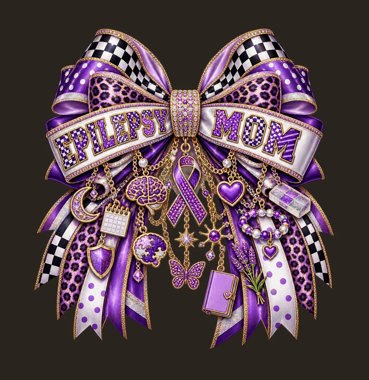 Epilepsy Mom Bow Charm PNG, Patterned Varsity Mom Ribbon Clipart, Transparent Sublimation Digital Download contrast preview thumbnail