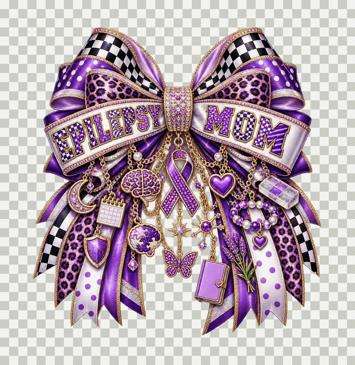 Epilepsy Mom Bow Charm PNG, Patterned Varsity Mom Ribbon Clipart, Transparent Sublimation Digital Download transparency and detail preview thumbnail