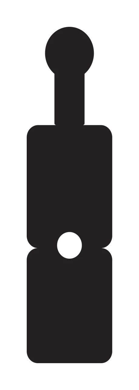 Handheld device silhouette Illustration with circular top, narrow neck, rounded rectangular body and circular cutout in black and white