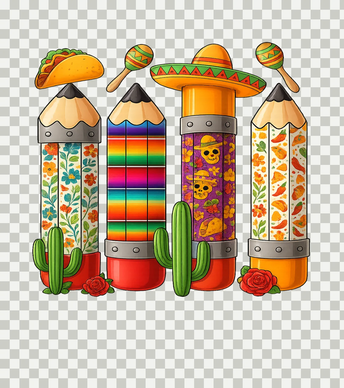 Pencils With Taco And Maraca In Yellow sombrero cactus rose transparency and detail preview thumbnail