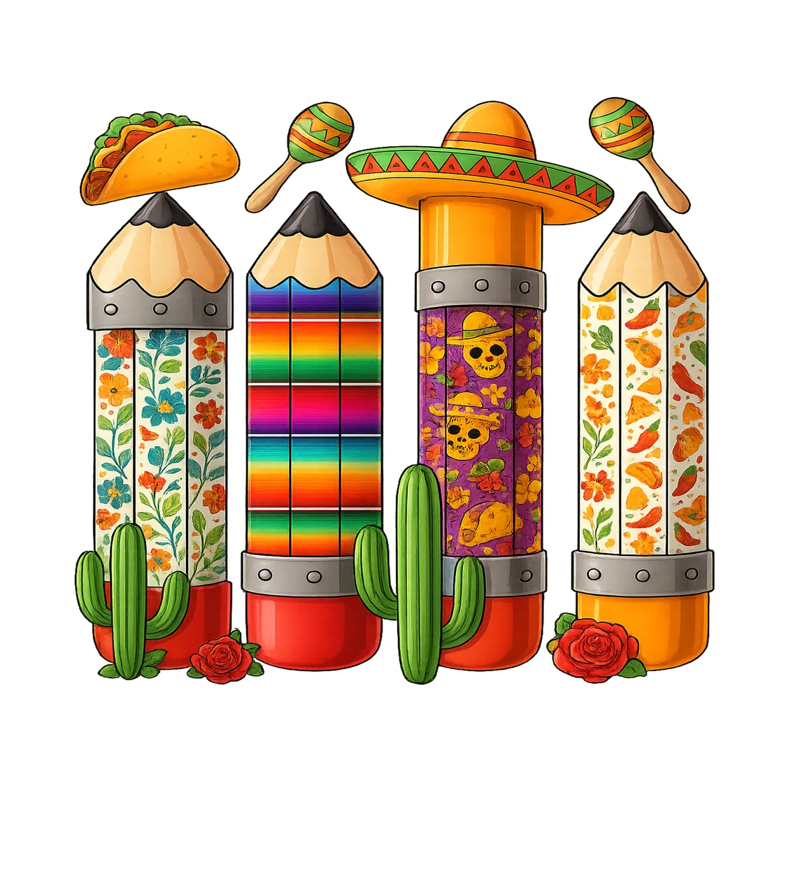 Pencils With Taco And Maraca In Yellow sombrero cactus rose