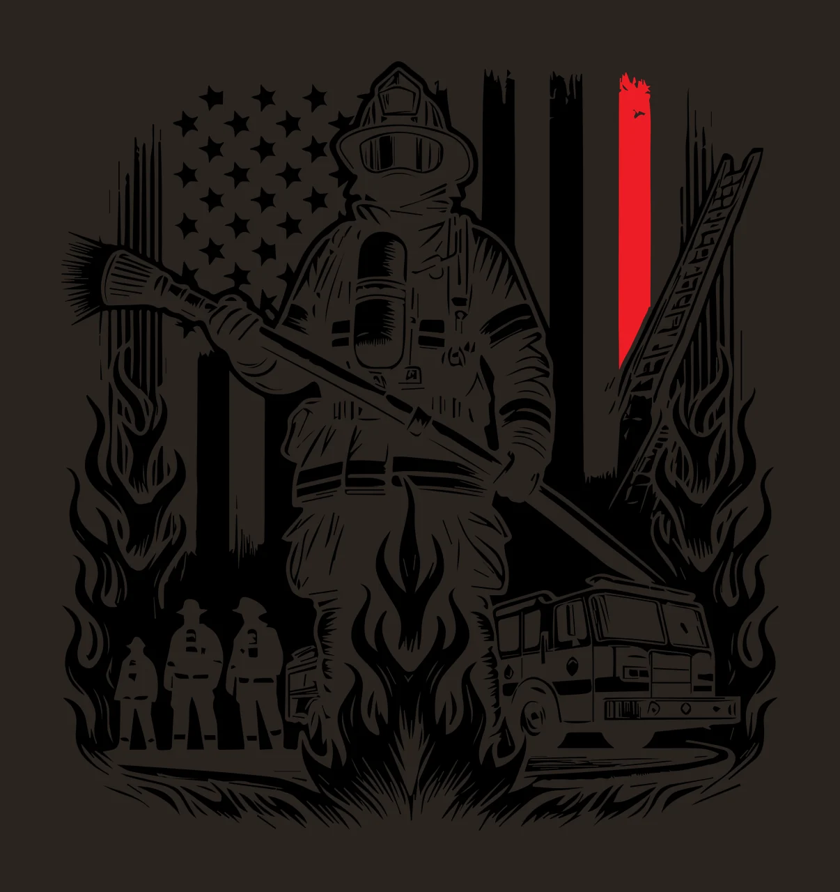 Flag Firefighter With Fire Truck holding hose ladder engraving contrast preview thumbnail