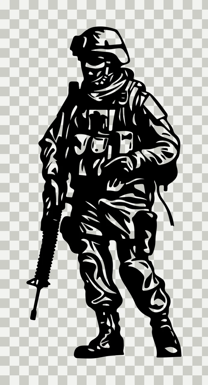 Soldier With Rifle Silhouette standing gear black white uniform transparency and detail preview thumbnail