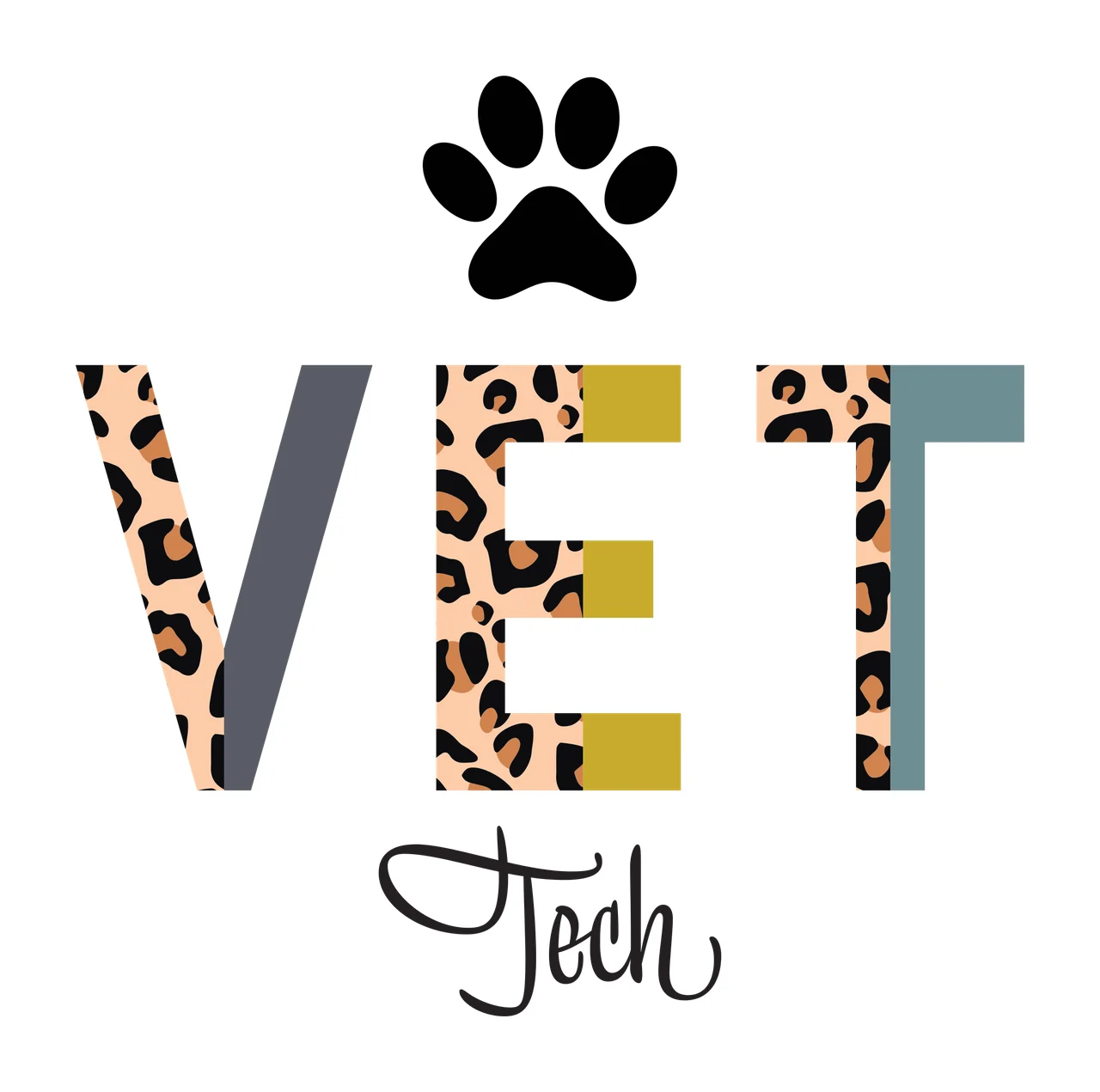 VET Tech VET Tech logo design with black paw print, leopard print letters, gray and teal letter blocks and gold rectangular blocks in beige and brown
