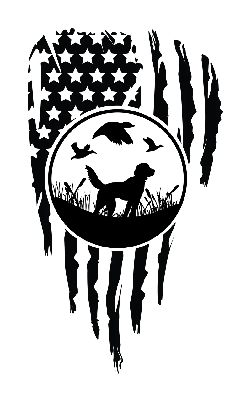 Duck Hunting American Flag Dog Graphic standing flying ducks