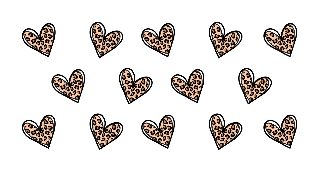 Cartoon Illustration of Leopard-print heart pattern with leopard-print hearts, black outlines and white background in beige and brown