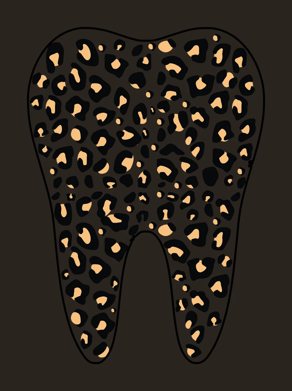 Leopard print tooth Illustration with molar shape and leopard spots in black, tan and white contrast preview thumbnail