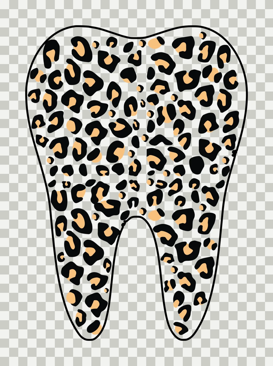 Leopard print tooth Illustration with molar shape and leopard spots in black, tan and white transparency and detail preview thumbnail