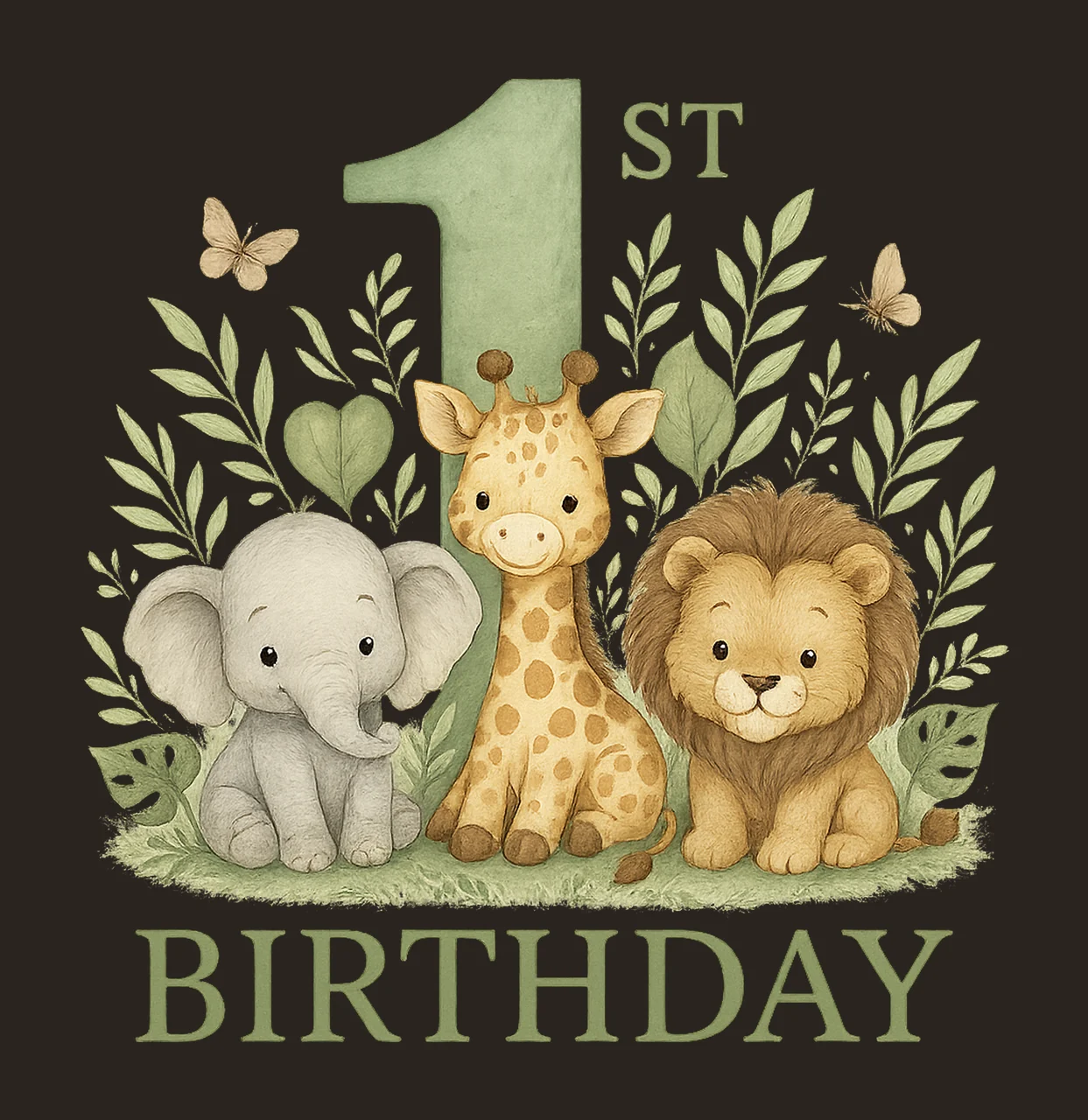 Baby Safari Animals Kids Watercolor Wild One Sage Green contrast preview thumbnail