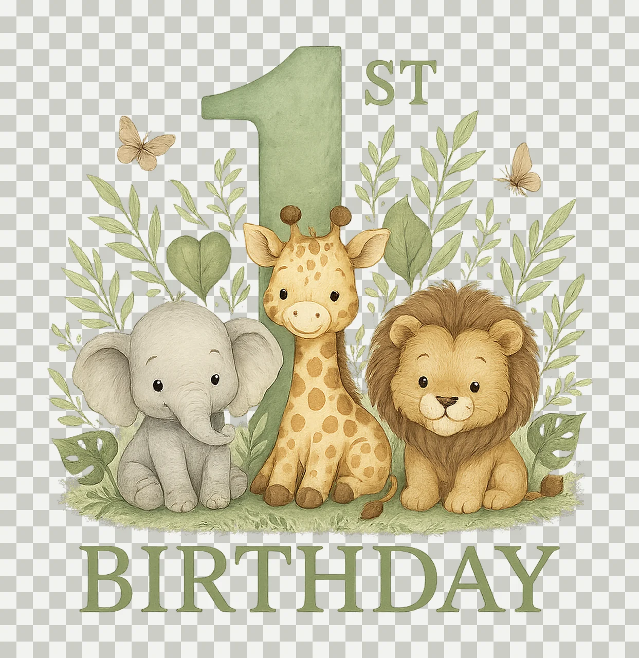 Baby Safari Animals Kids Watercolor Wild One Sage Green transparency and detail preview thumbnail