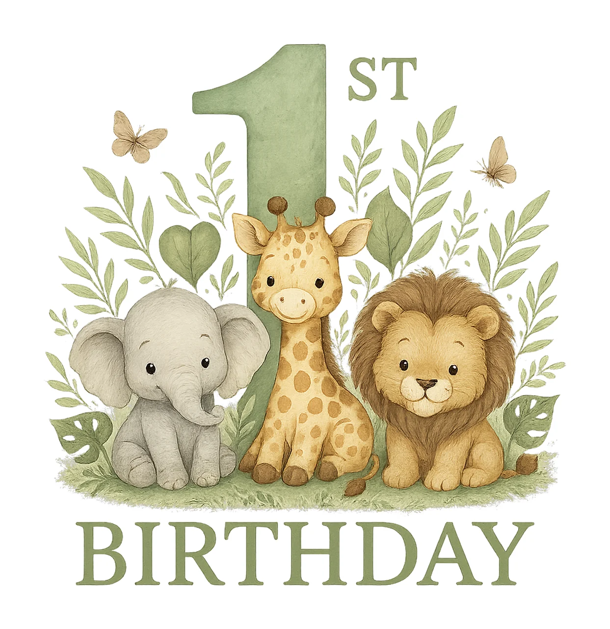 Baby Safari Animals Kids Watercolor Wild One Sage Green