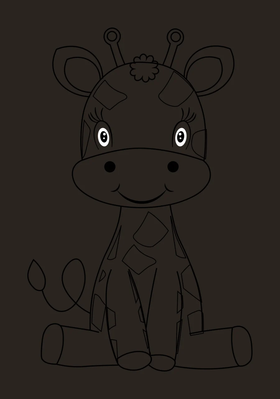 Animal Cute Giraffe Sitting Line Drawing spots eyes tail black contrast preview thumbnail