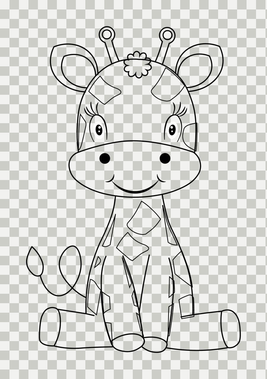 Animal Cute Giraffe Sitting Line Drawing spots eyes tail black transparency and detail preview thumbnail