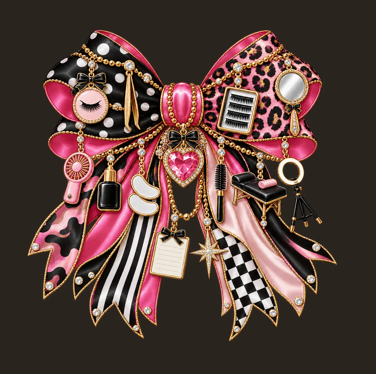 Lash Technician Bow Charm PNG, Themed Gold Chain Charms, Coquette Ribbon Sublimation Design, Transparent Digital Download contrast preview thumbnail