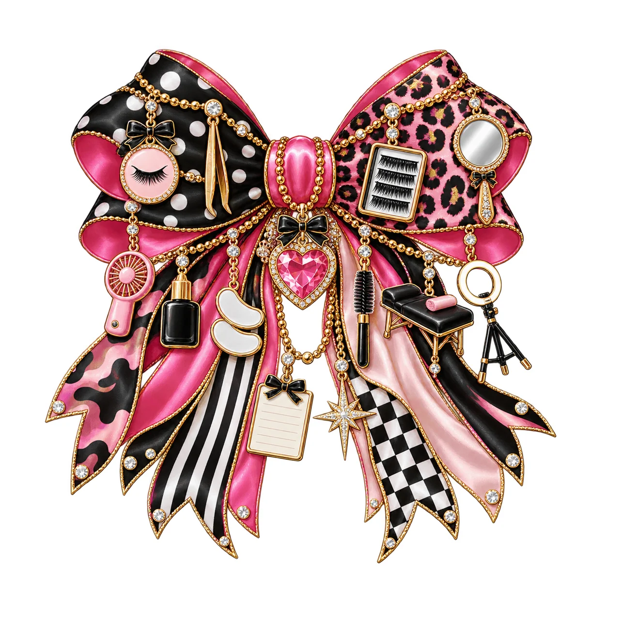 Lash Technician Bow Charm PNG, Themed Gold Chain Charms, Coquette Ribbon Sublimation Design, Transparent Digital Download
