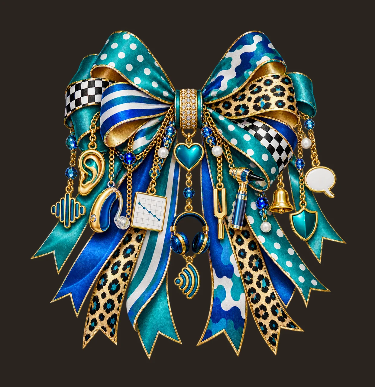 Hearing Health Bow Charm PNG, Themed Gold Chain Charms, Coquette Ribbon Sublimation Design, Transparent Digital Download contrast preview thumbnail