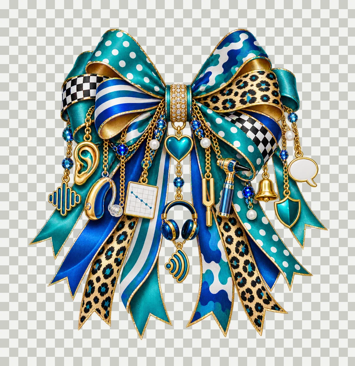 Hearing Health Bow Charm PNG, Themed Gold Chain Charms, Coquette Ribbon Sublimation Design, Transparent Digital Download transparency and detail preview thumbnail