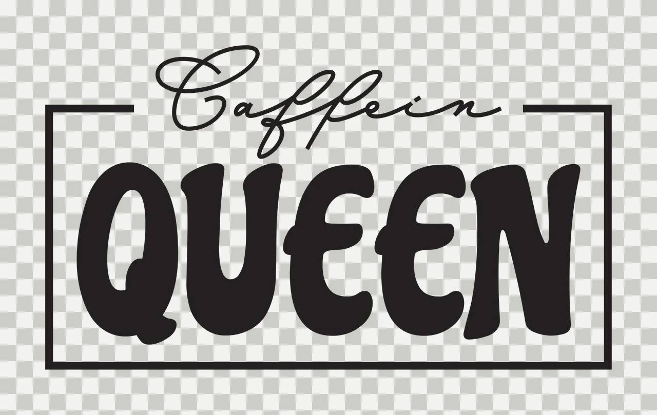 Caffeine QUEEN Typography Design with rectangle frame, script text, bubbly font and Modern playful in black and white transparency and detail preview thumbnail