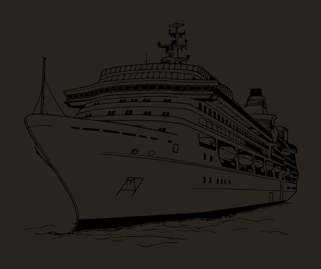 Cruise Ship Detailed Line Art sailing waves drawing black white contrast preview thumbnail