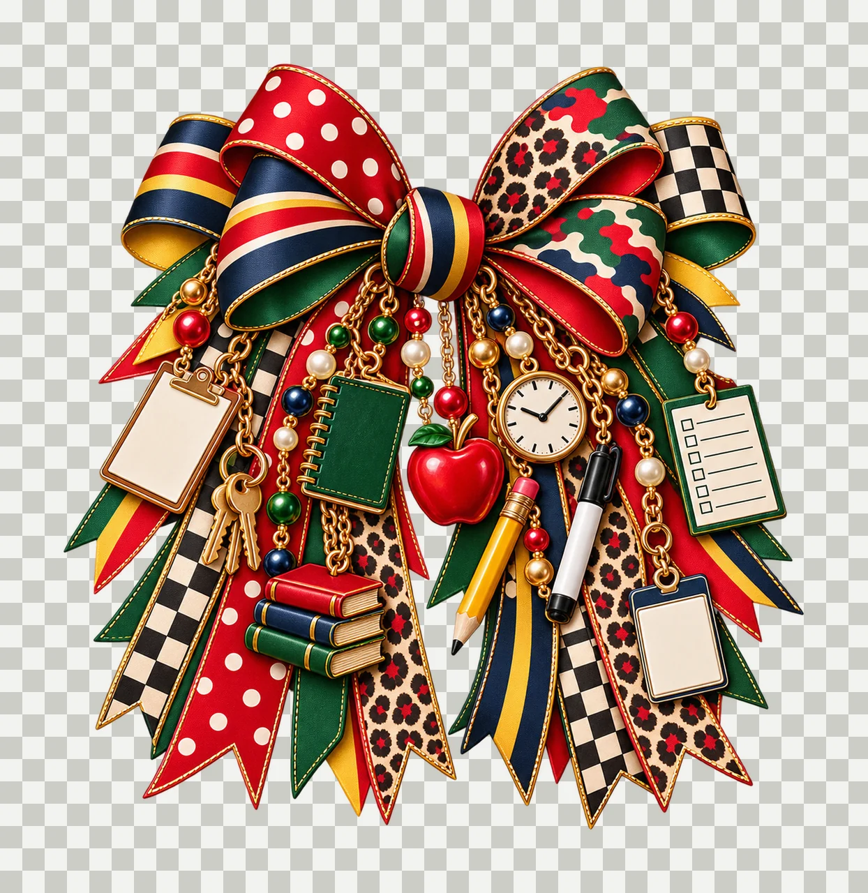 Substitute Teacher Bow Charm PNG, Clipboard Pencil and Classroom Charms, School Staff Sublimation Design, Transparent Download transparency and detail preview thumbnail