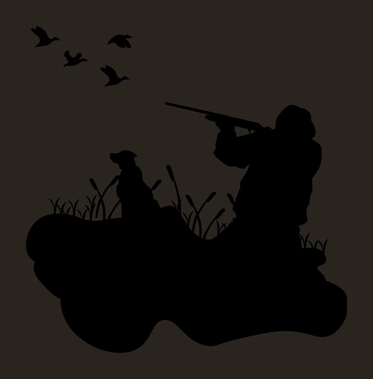 Silhouette Hunter With Dog And Flying Birds aiming rifle grass contrast preview thumbnail