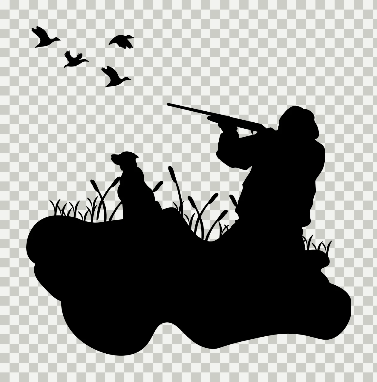 Silhouette Hunter With Dog And Flying Birds aiming rifle grass transparency and detail preview thumbnail