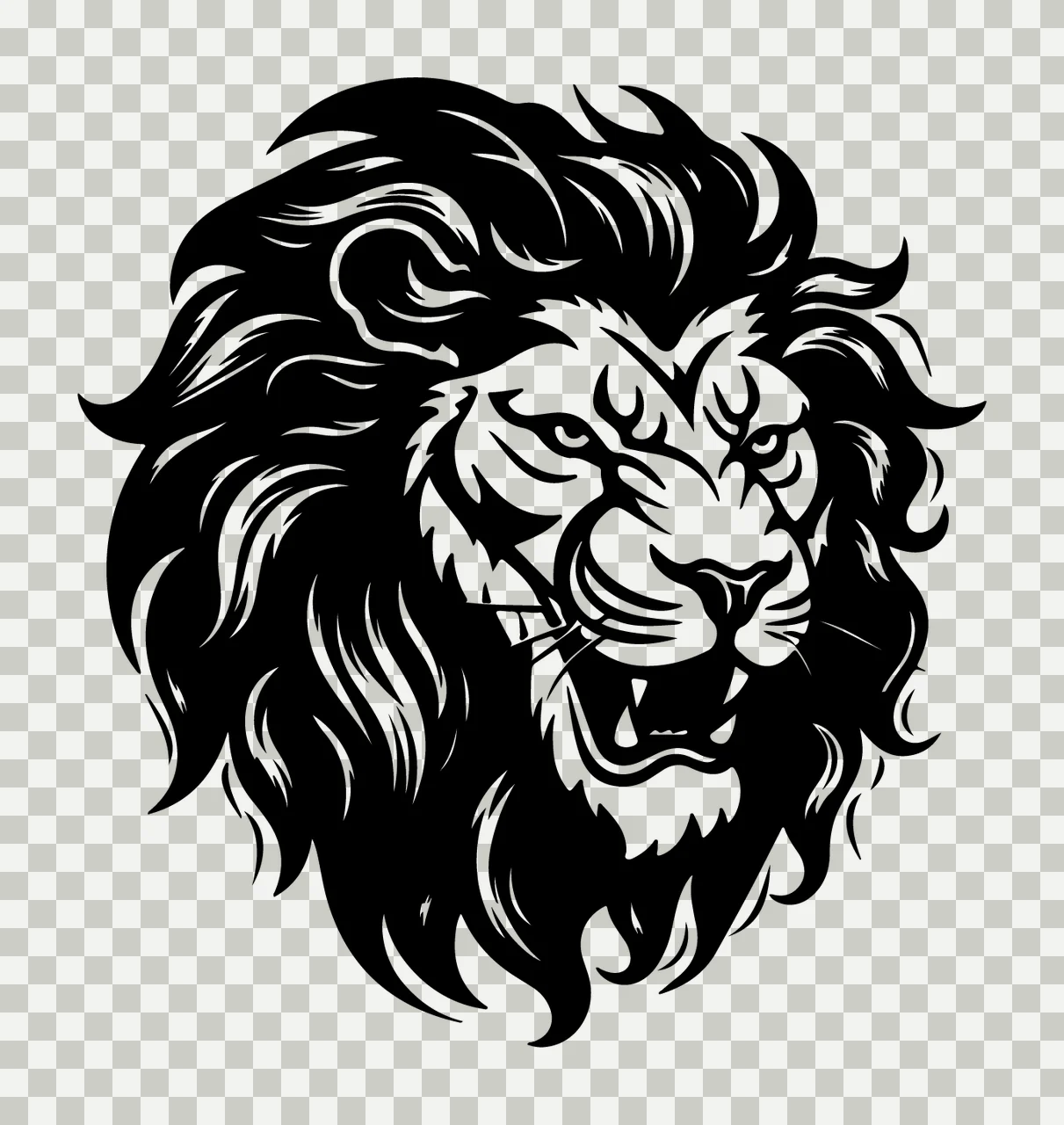 Lion Head Detailed Roaring Silhouette mane black white plain transparency and detail preview thumbnail