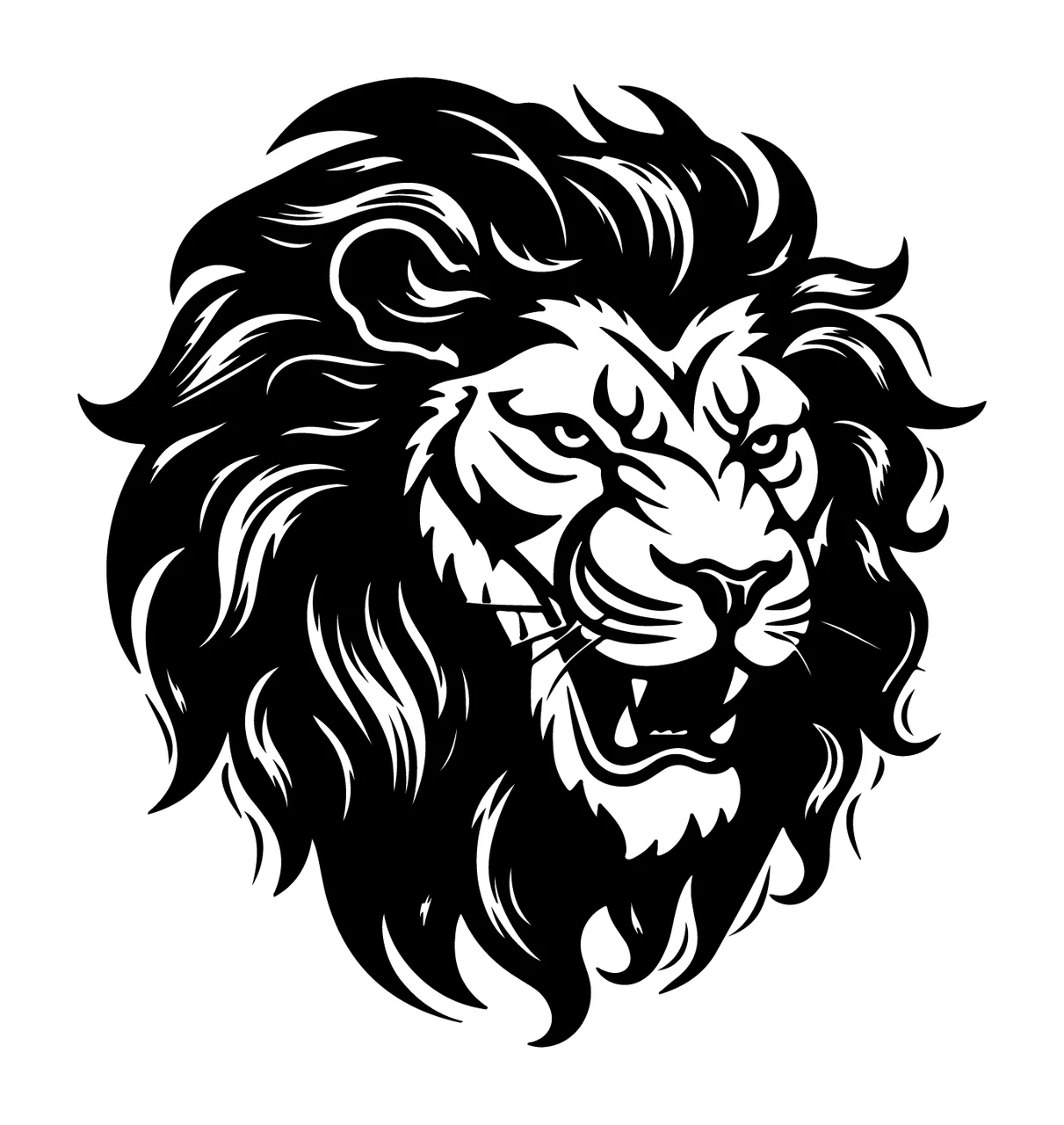 Lion Head Detailed Roaring Silhouette mane black white plain