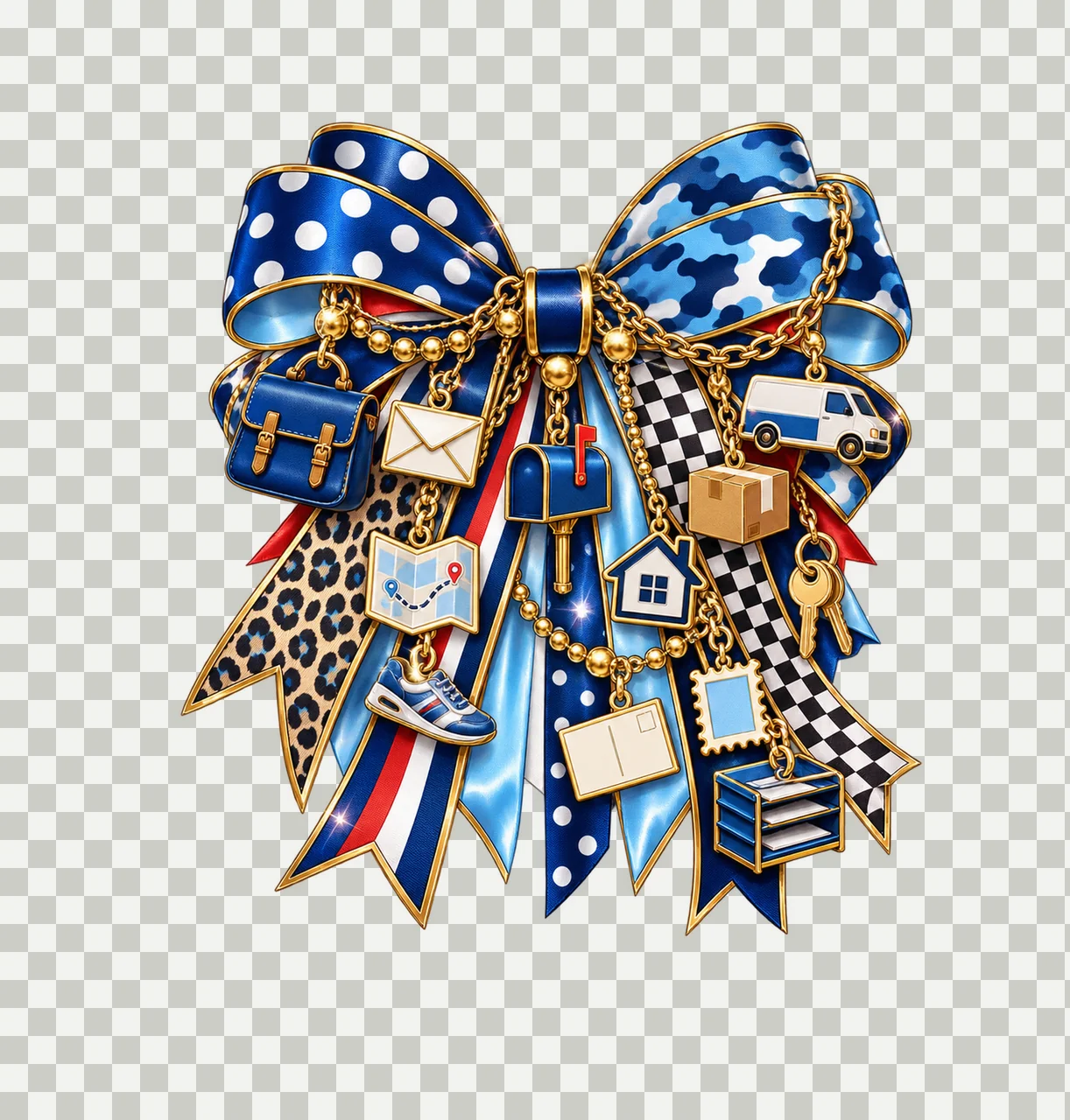 Mail Carrier Bow Charm PNG, Themed Gold Chain Charms, Coquette Ribbon Sublimation Design, Transparent Digital Download transparency and detail preview thumbnail