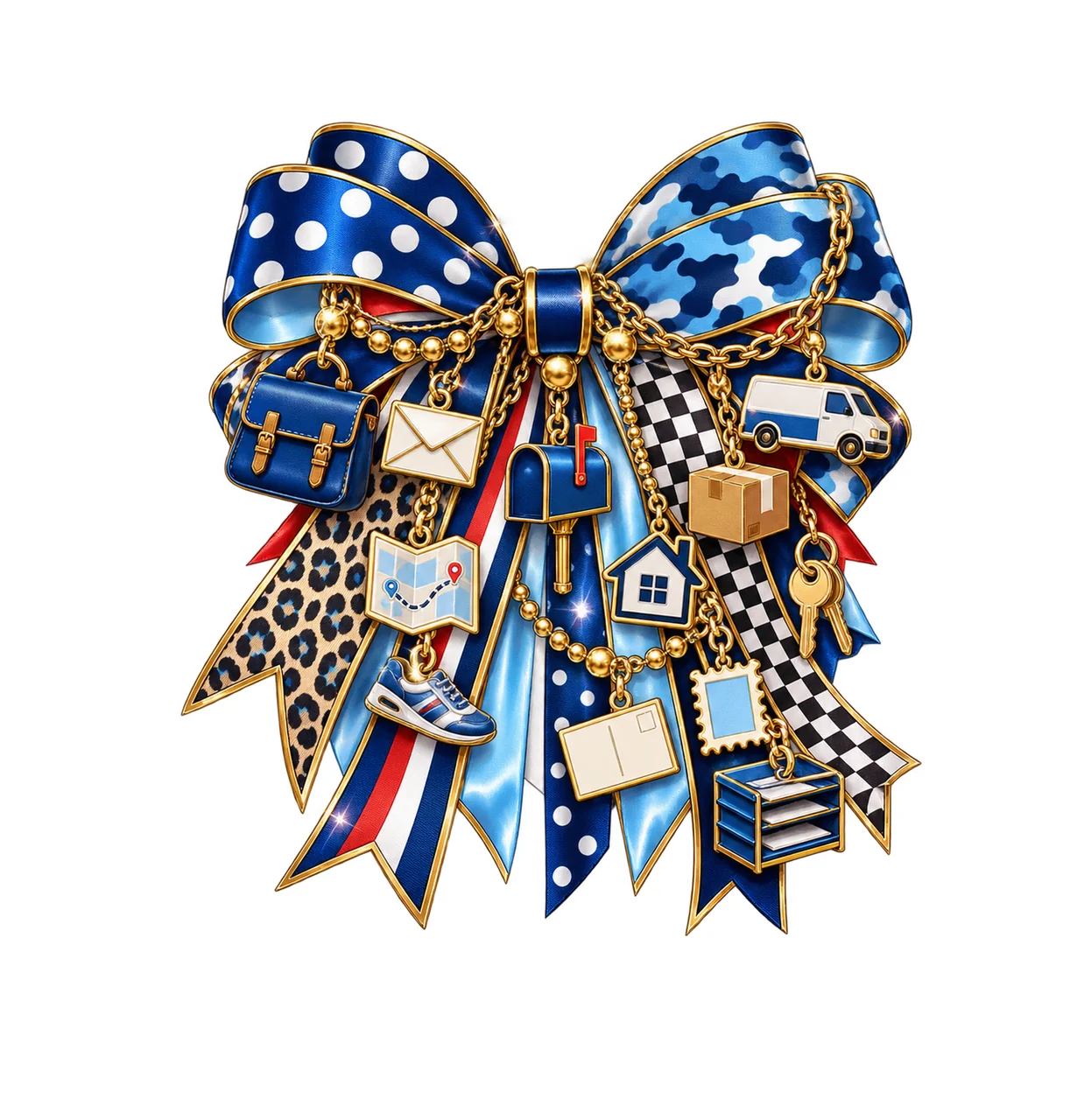 Mail Carrier Bow Charm PNG, Themed Gold Chain Charms, Coquette Ribbon Sublimation Design, Transparent Digital Download