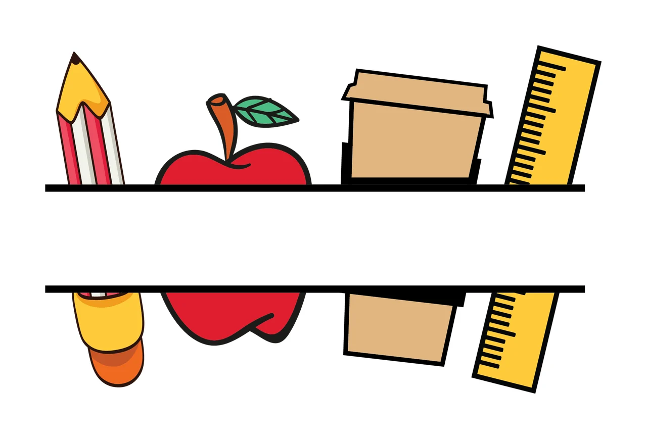 School Items Framing With Pencil And Apple cup ruler split