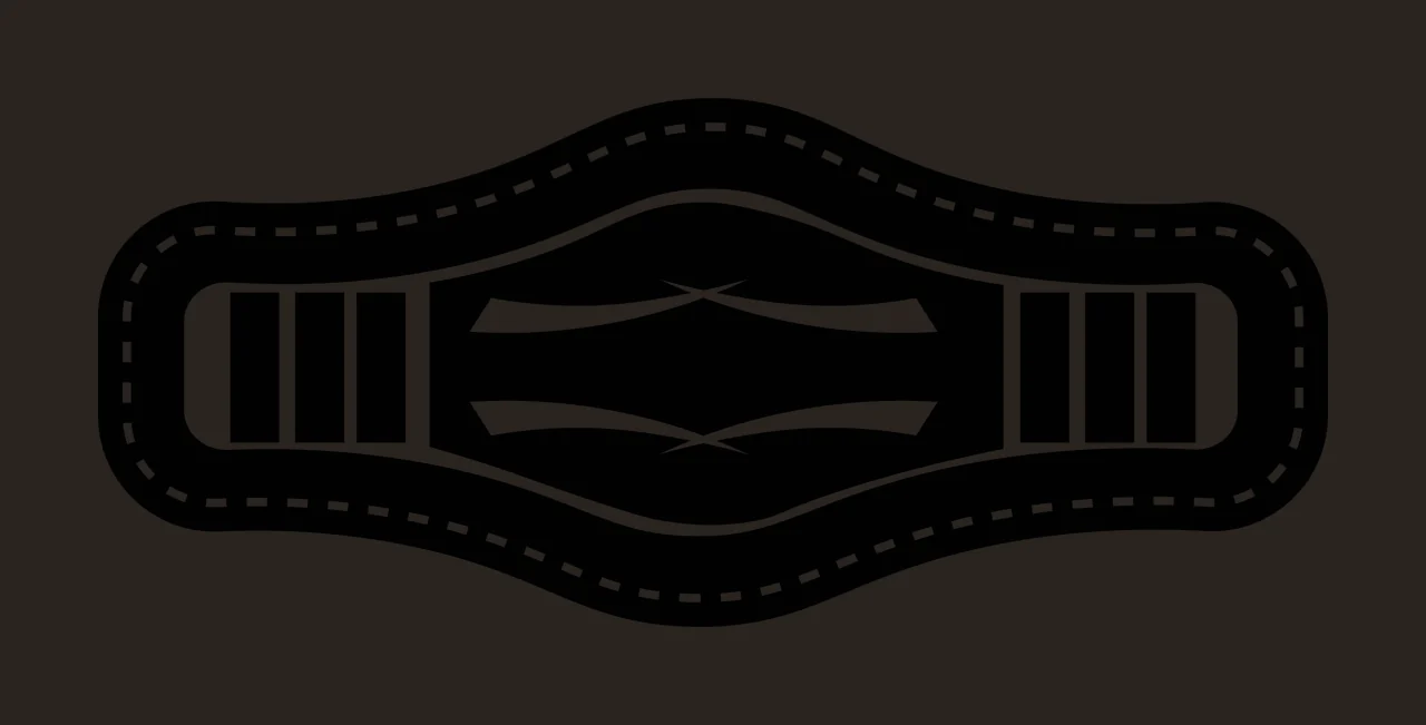 Equestrian saddle girth Illustration with dashed stitched border, central curved accents, vertical side bars and symmetrical strap shape in black and white contrast preview thumbnail