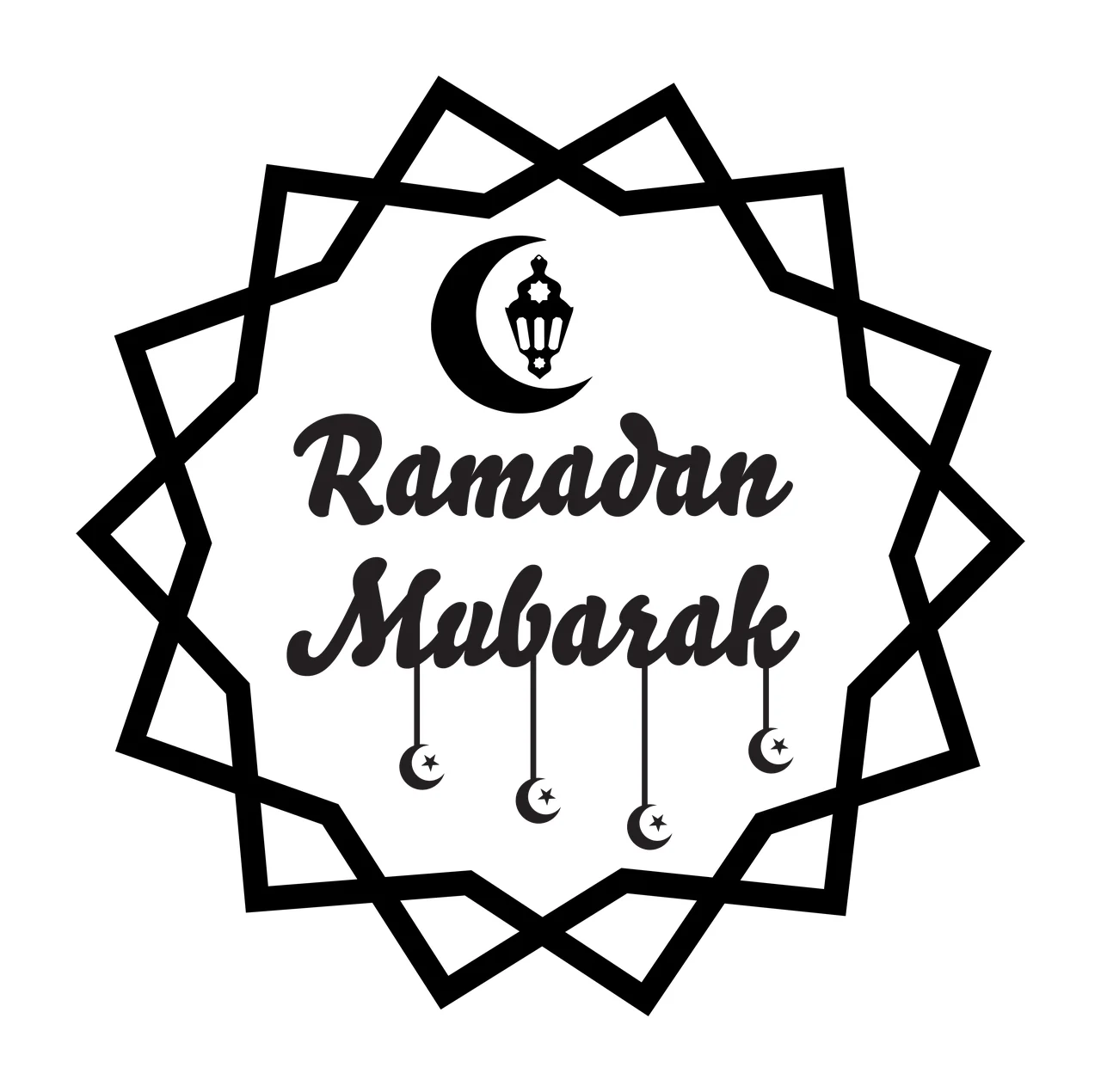Ramadan Mubarak Ramadan Mubarak greeting emblem Design with geometric star-shaped border, crescent moon with lantern, three hanging crescent moons with stars and Ramadan Mubarak text in black