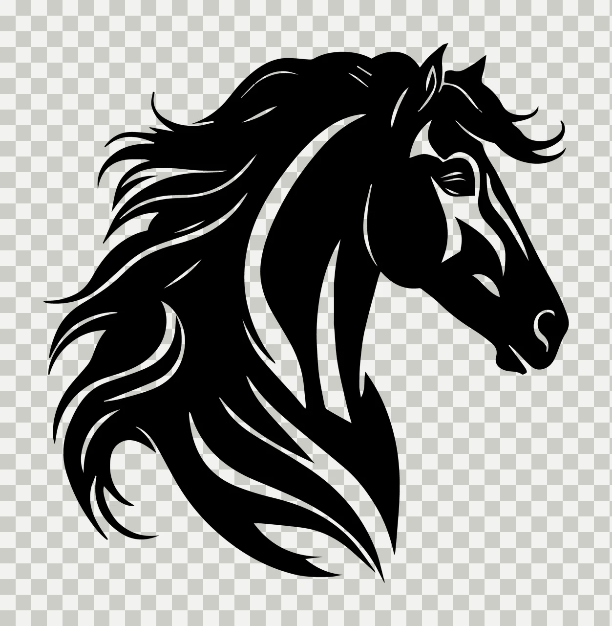 Horse Head Profile Black Silhouette mane bridle ear stencil transparency and detail preview thumbnail