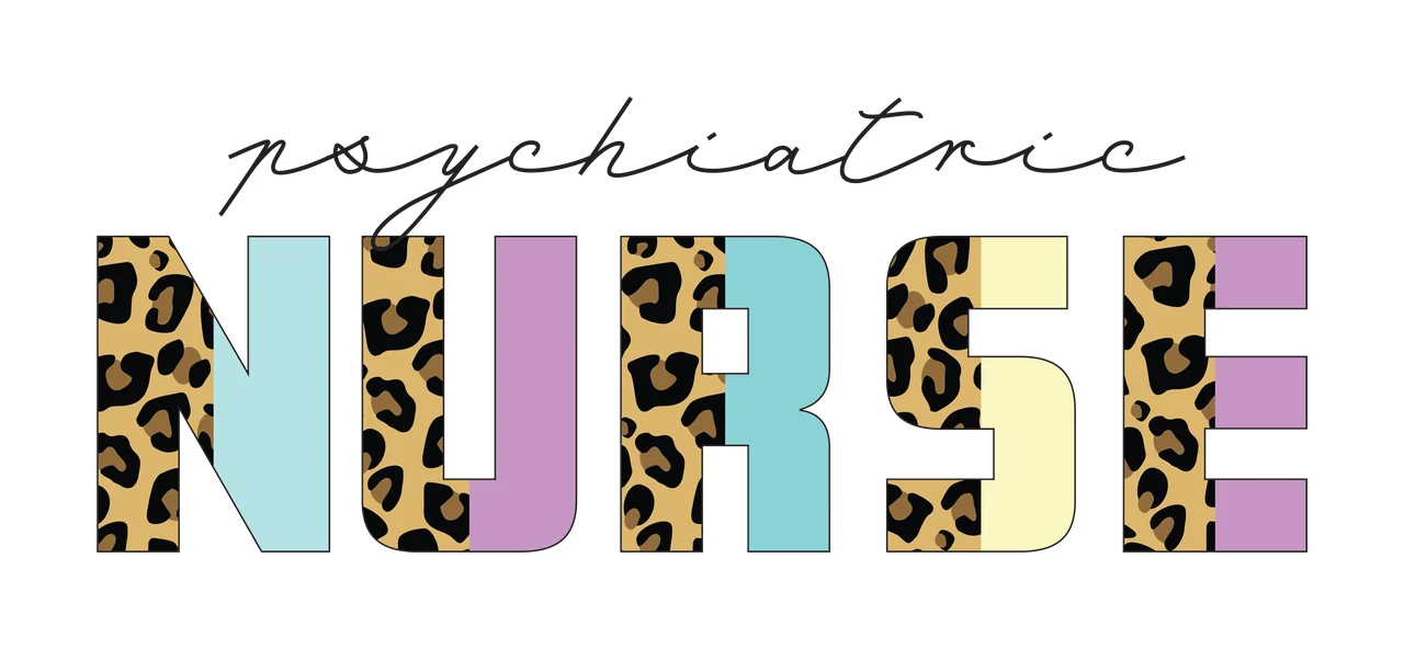 Psychiatric NURSE Typography Design with cursive text, block letters, leopard print pattern and pastel block fill in black, brown and tan