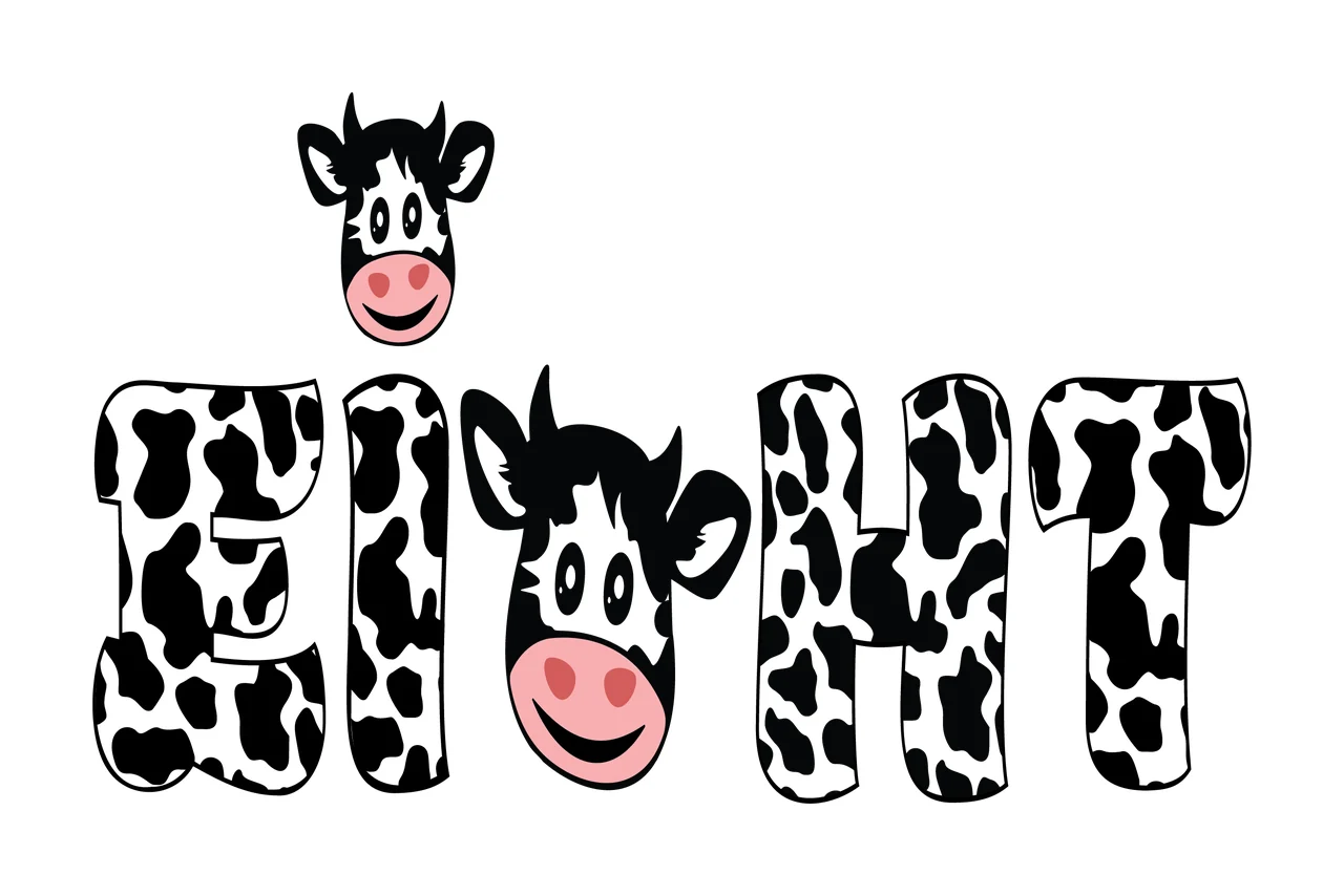 Cow Eight Text With Patterns displaying word letters heads