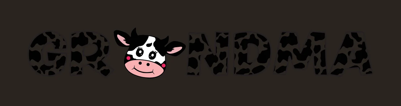 GRANDMA Typography Design with cow print lettering, cartoon cow head, black and white hide pattern and pink cheeks contrast preview thumbnail