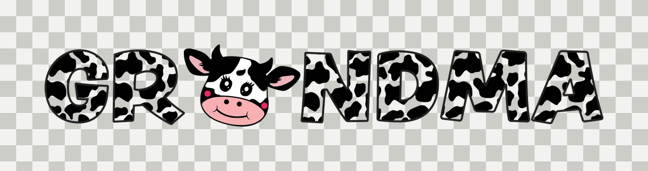 GRANDMA Typography Design with cow print lettering, cartoon cow head, black and white hide pattern and pink cheeks transparency and detail preview thumbnail