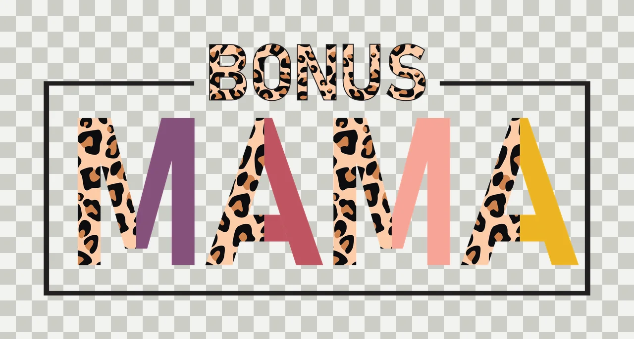 BONUS MAMA Typography Design with BONUS text, leopard print pattern, black rectangular frame and solid color blocks in beige and purple transparency and detail preview thumbnail