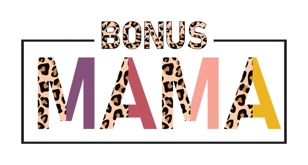 BONUS MAMA Typography Design with BONUS text, leopard print pattern, black rectangular frame and solid color blocks in beige and purple